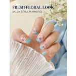 Fresh Blue French 3D‑Floral Press‑On Nails, Short Square Hand‑Painted Green Leaf False Nails with Metal Starfish & Gold Beads